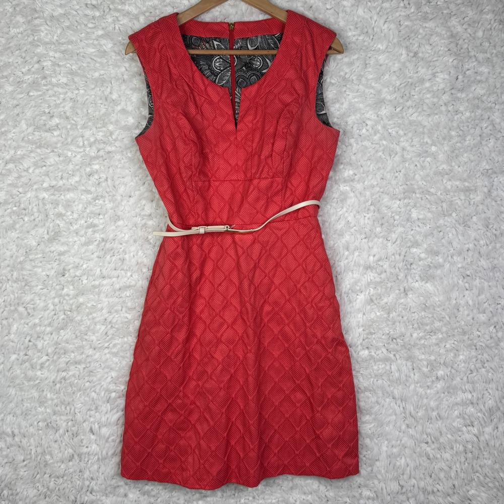 Donna Ricco‎ New York Red Textured Geometric V Neck Sleeveless Dress Sz 8 Career